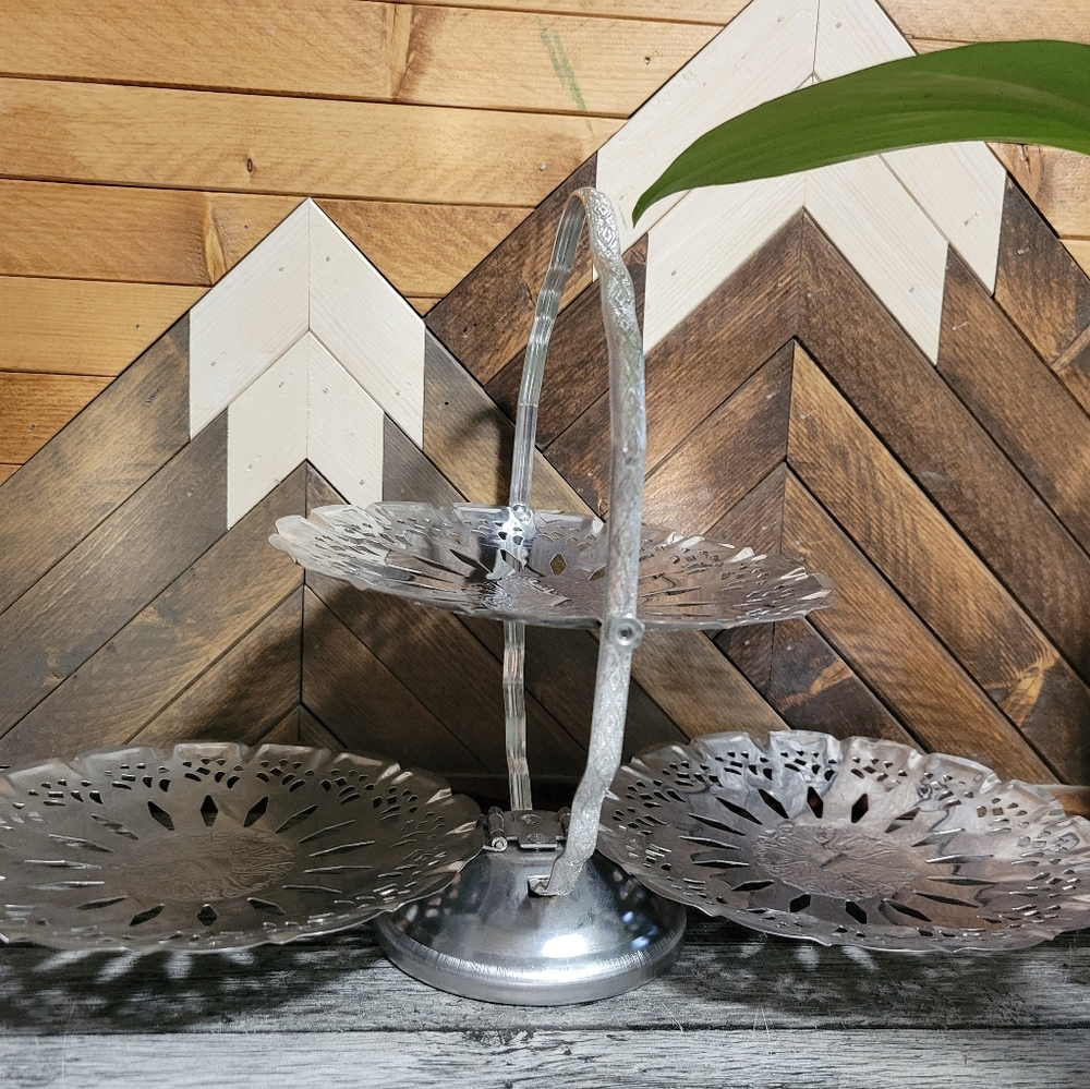 Vintage Silver Metal Tiered Folding Serving Tray